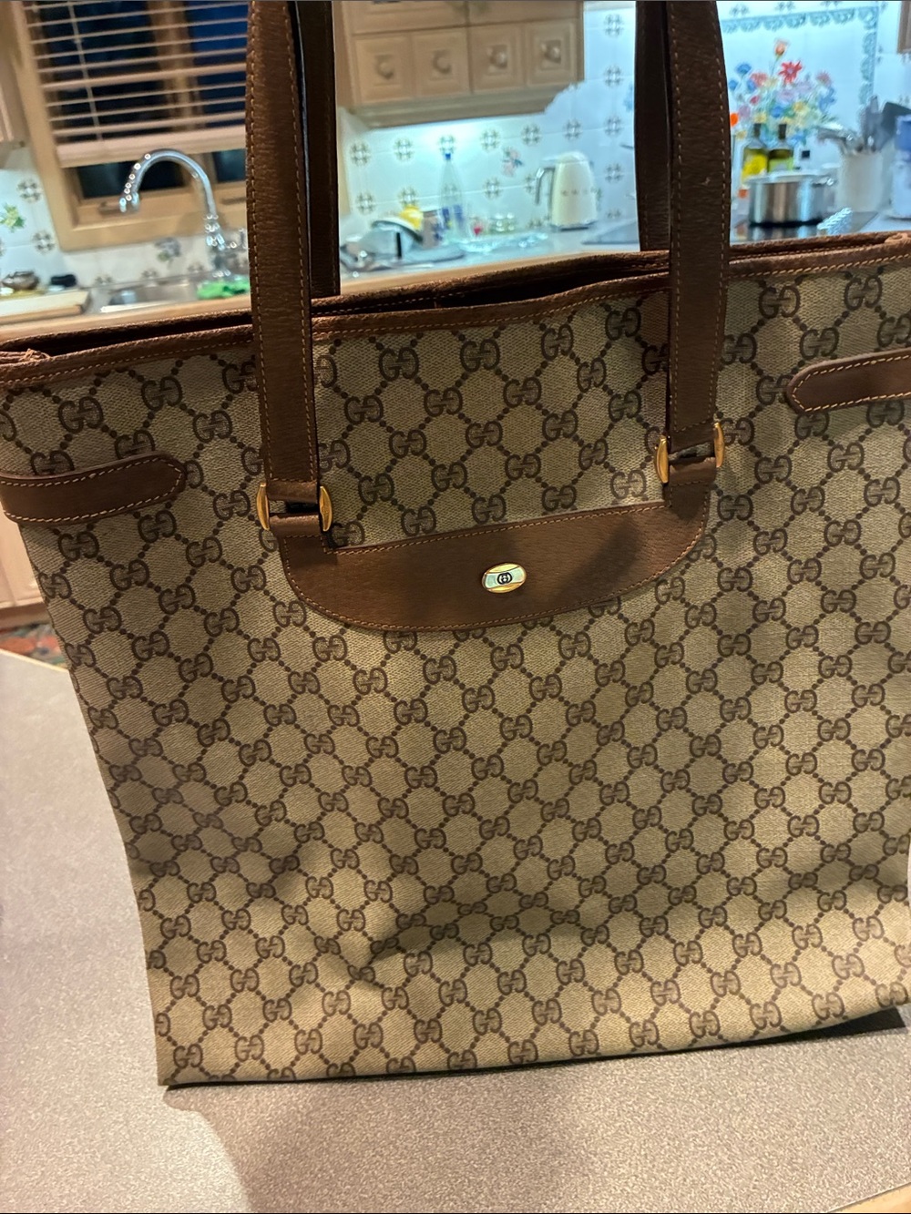 Gucci Brown & Beige GG Supreme Accessory CollectionCanvas Tote with Leather Trim